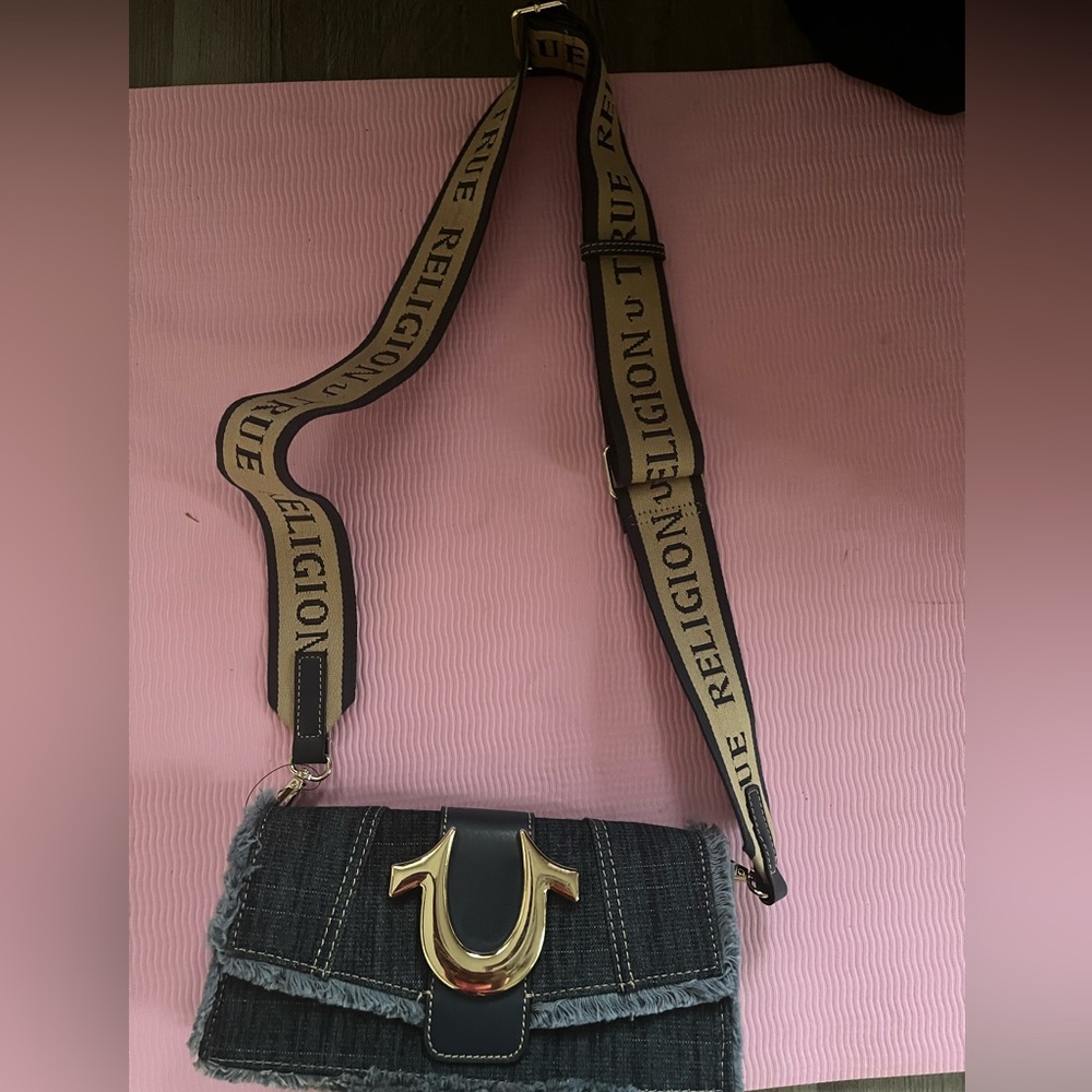 True Religion Denim Crossbody Bag Gold Horseshoe Logo Y2K